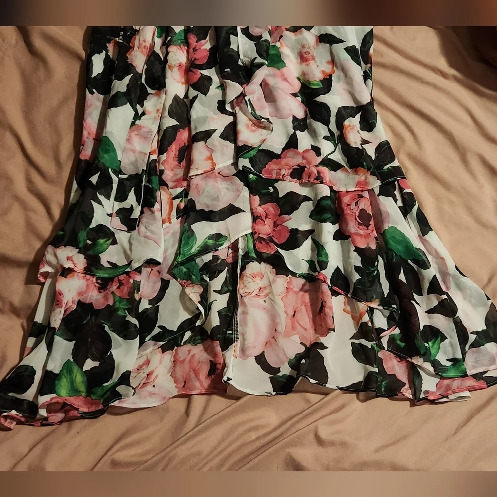 Betsey Johnson Black and Pink Floral Faux Wrap Maxi Dress - Picture 8 of 9